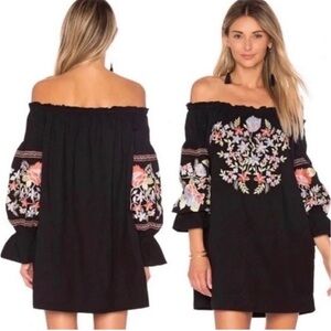 Free People Women's Black Floral Embroidered Boho Cotton Tunic Dress - XS